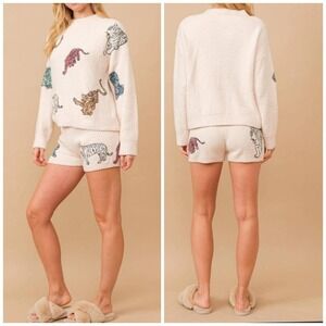 Blueb Cozy Multi Tiger Sequin Matching Shorts Set Size Large
